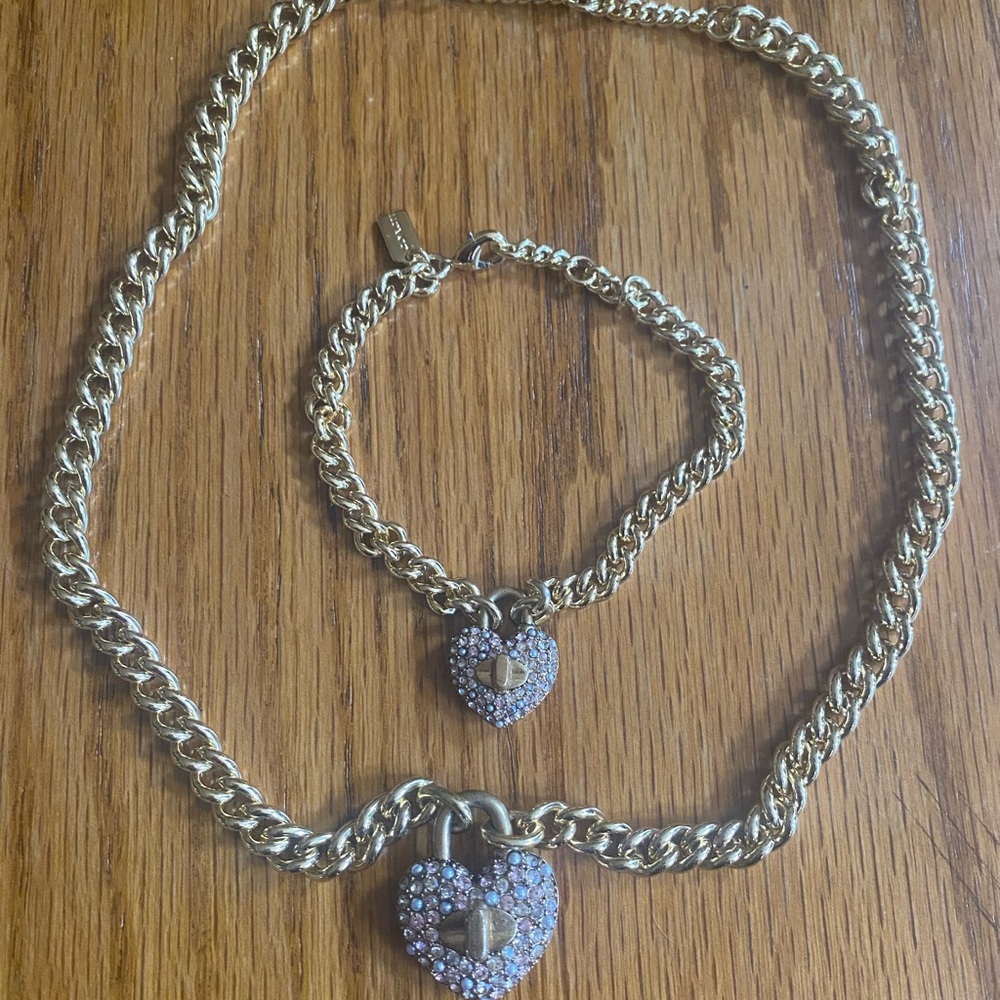 Coach Heart-Shaped Turn-lock Charm Necklace and Bracelet Set with Pave Crystals